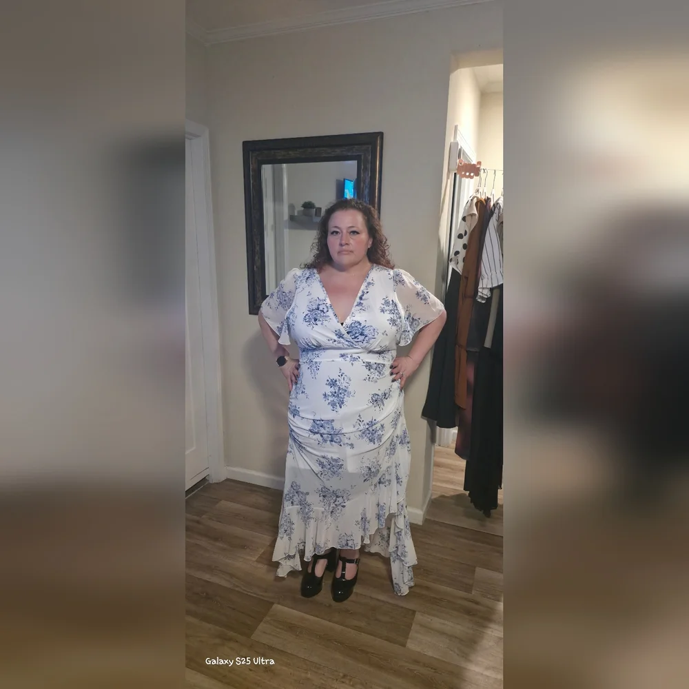 Floral Wrap Maxi Dress in White and Blue